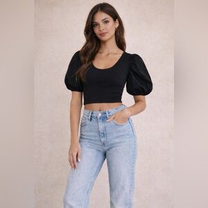 Sunday Best (Aritzia) Black Puff Sleeve Lace-Up Crop Top XXS – NWT